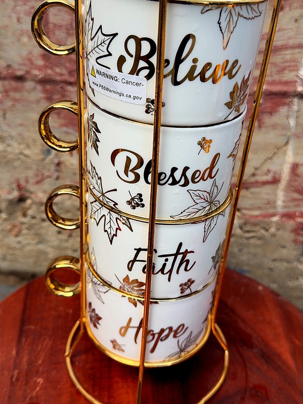 Stacked Ceramic Mugs with Gold Leaf Script - Believe, Blessed, Faith, Hope